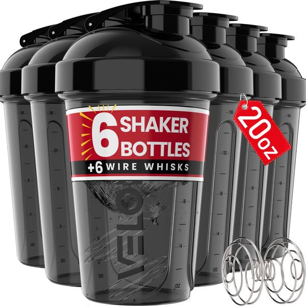 6 Pack 20oz Protein Shaker Bottles Black Cups