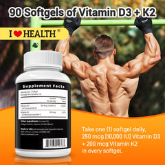 Vitamin D3 10000 IU with K2 (MK-7) Supplement – 90 Softgels – Non-GMO, Gluten-Free – Supports Bone, Heart & Immune Health – Enhanced Absorption – Made in USA