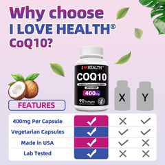 CoQ10 400mg Softgels - 90 Count | Supports Heart Health, Energy & Cellular Function | Soy-Based CoQ10 Supplement by I Love Health | 45 Servings