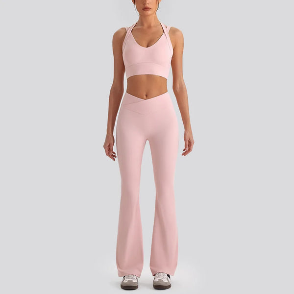 Women's Yoga Exercise Sets Women Backless Sports Tank Top V Shape High Waist Wide Leg Pants Fitness Gym Running Workout Clothes