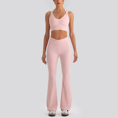 Women's Yoga Exercise Sets Women Backless Sports Tank Top V Shape High Waist Wide Leg Pants Fitness Gym Running Workout Clothes